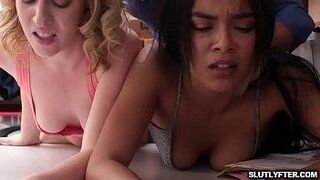 Explosive Drop Hottie chick Bonnie and Maya both fucking a massive cock — pulls you under