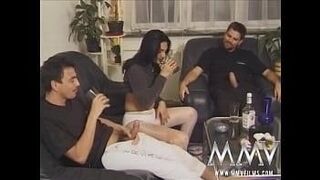 Don't Miss Trashy brunette bitch in white nylons Judith taking two hard cocks in threesome in this retro porn movie — makes you beg inside