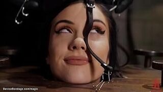 Strictly Adult Tied and locked in bondage cube sexy skinny brunette babe Jazmin Luv gets gagged then bent over caned and fucked with dick on a stick by master The Pope — sends chills down your spine
