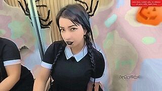 Back by Demand Wednesday Addams  18 cosplay dirty talking some sexy JOI while upskir and shows her big butt and suck her dildo — | sexy video 18 | explores every inch