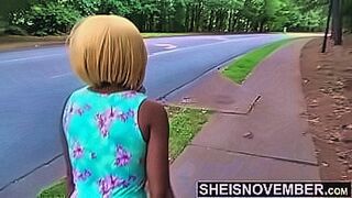 You Know You Want It HD I Gave A Scary Kneeling Blowjob In Middle Road Outside To A Stranger, Innocent Whore Cheating on Her Boyfriend, Hot Skinny Black Babe Sheisnovember Flashing Her Shaved Pussy And Big Butt In A Dress, While She Suck Dick By Msnovembe
