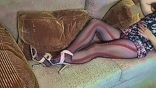 Hard to Resist Monica likes to tease us wearing red and black design pantyhose and sandals   peruvian girl at hotel in nylons — | claudia rojas | wraps you in sensation