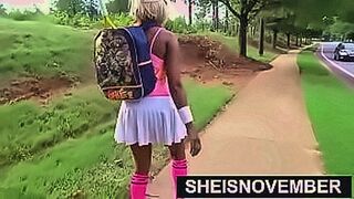 Hot Alert Young Ebony Sucking Old Cock Stranger In Public Giving Blowjob While Kneeling With Her Large Natural Breasts and Areolas Out Of Her Top, Sheisnovember Then Walks While Flashing Her Panty During Upskirt With Curvy Hips by Msnovember — | 胸チラ 乳首 | 