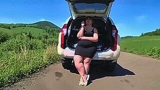 Must Watch Chubby milf shows off her thick legs in nylon tights and bare thighs and smokes on a public road. Foot fetish and gorgeous ass. — | thick thighs | redefines erotic power