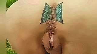 Only Here Russian slut with butterfly tattoo on her asshole fucks in the yard with creampie — | novinhas transando com cachorro | rides the rhythm perfectly